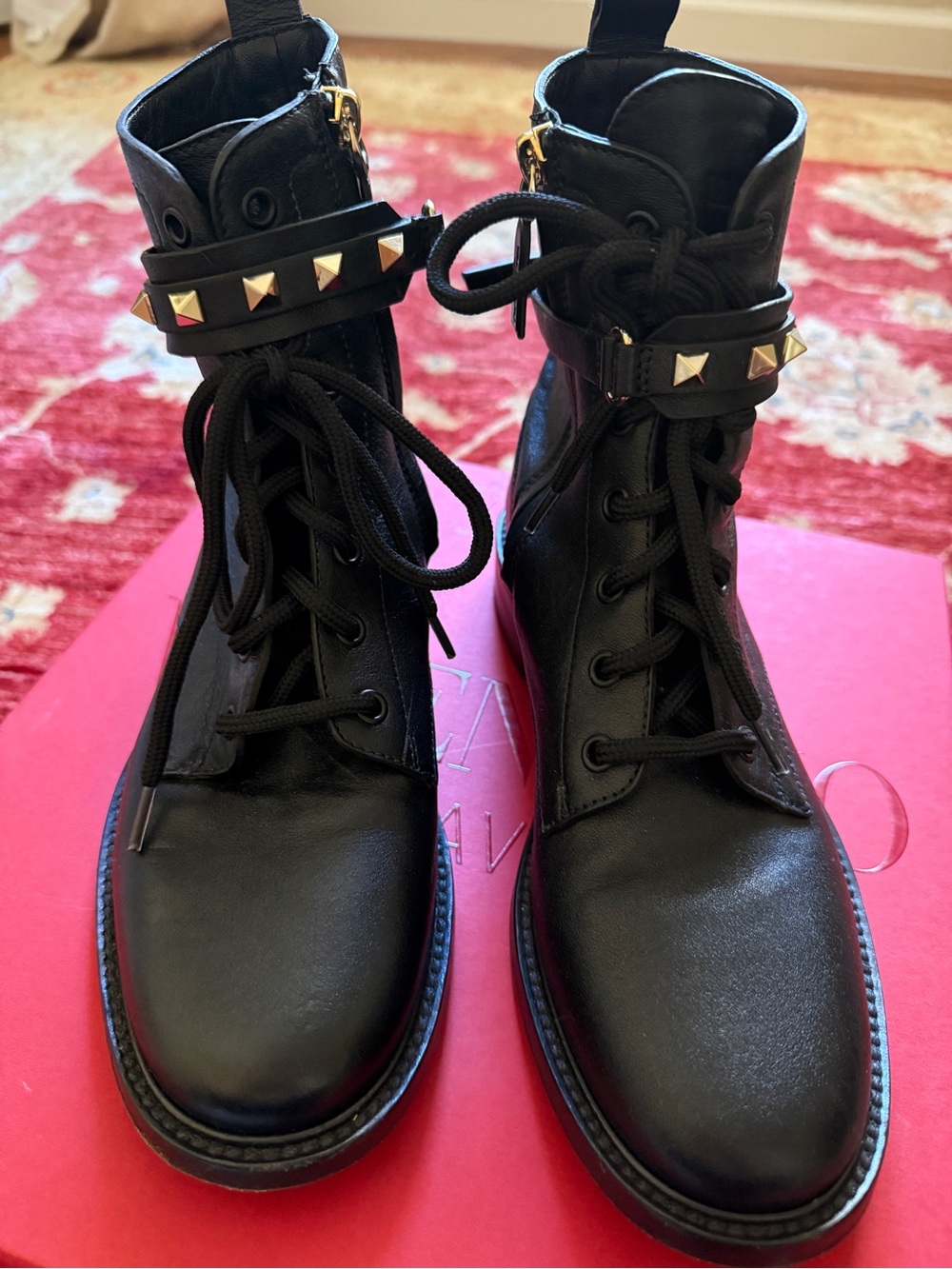Valentino Garavani Black Studded Lace-Up Combat Boots